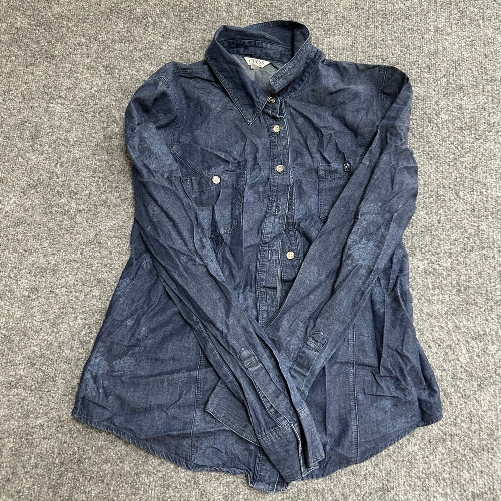Guess Denim Shirt Womens Size M Blue Floral Long Sleeve Button Down Slim Fit